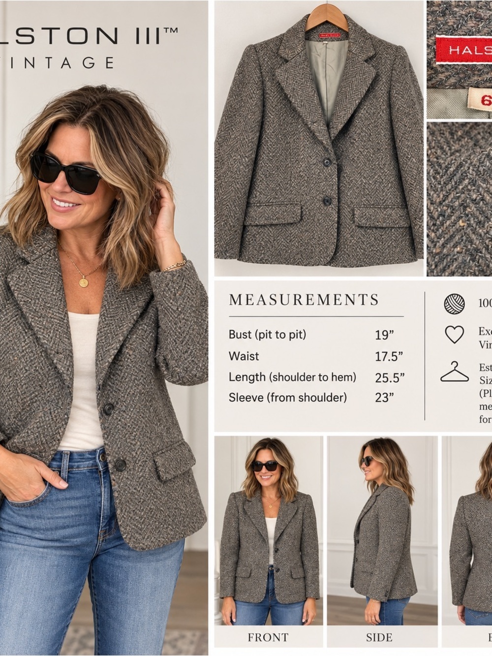 Vintage Halston women’s wool blazer jacket size 6 six grey tan office career